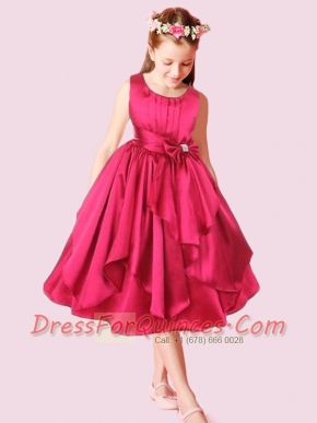 2014 Red A-Line Scoop Tea-length Bowknot Flower Girl Dresses