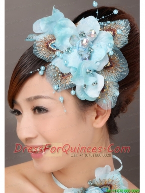 Popular Light Blue Taffeta Tulle Feather Beading Women’ s Fascinators