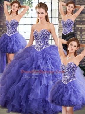 Sweetheart Sleeveless Quinceanera Gown Floor Length Beading and Ruffles Lavender Tulle