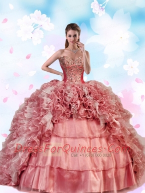 2015 Exquisite Beading and Ruffles Dress For Quinceanera Party in Pink