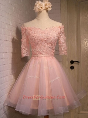 Custom Made Off the Shoulder Peach Short Sleeves Appliques Mini Length Prom Gown