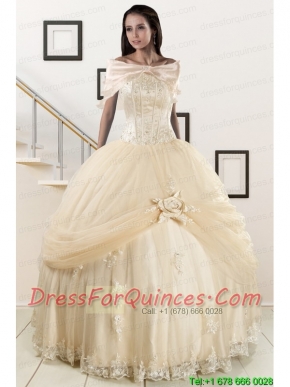 Elegant Appliques 2015 Champagne Quinceanera Dress with Wraps