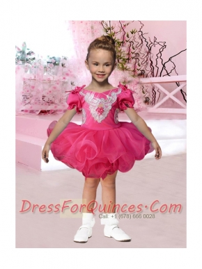2014 V-neck Short Sleeves Beading and Appliques Hot Pink Little Girl Dress