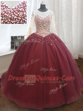 Classical Sequins Scoop Long Sleeves Court Train Lace Up Quinceanera Gowns Wine Red Tulle