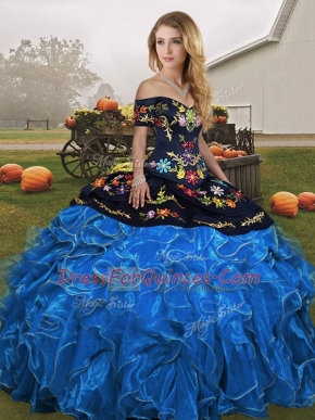 Blue And Black Organza Lace Up Sweet 16 Quinceanera Dress Sleeveless Floor Length Embroidery and Ruffles