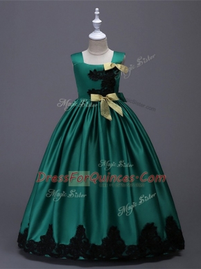 Decent Floor Length Dark Green Flower Girl Dress Taffeta Sleeveless Appliques and Bowknot