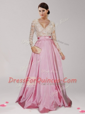 Flirting V-neck Long Sleeves Prom Evening Gown Floor Length Beading and Belt Pink And White Taffeta