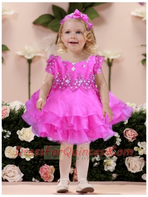 Short sleeves Fuchsia A-Line Modest Little Girl Dress with Beading and Ruffles