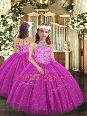 Simple Fuchsia Tulle Lace Up Kids Formal Wear Sleeveless Floor Length Beading