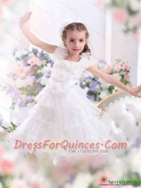 Adorable Ruffled Layers White 2015 Little Girl Pageant Dress with Hand Made Flower