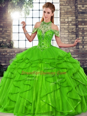 Hot Sale Sleeveless Lace Up Floor Length Beading and Ruffles 15th Birthday Dress