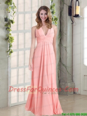 2015 Simple Halter Empire Ruching and  Prom Dress in Watermelon Red