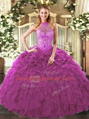 Elegant Sleeveless Organza Floor Length Lace Up Quince Ball Gowns in Fuchsia with Embroidery and Ruffles