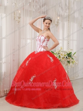 White and Red Ball Gown Sweetheart Floor-length Taffeta and Organza Appliques Quinceanera Dress