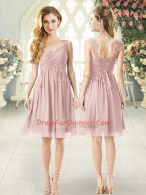 Elegant Ruching Prom Gown Pink Lace Up Sleeveless Knee Length