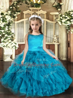 Blue Sleeveless Tulle Lace Up Kids Formal Wear for Party and Wedding Party