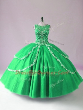 Sleeveless Tulle Floor Length Zipper Quince Ball Gowns in Green with Beading