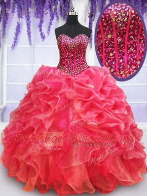 Coral Red Sleeveless Floor Length Beading and Ruffles Lace Up Quinceanera Dress