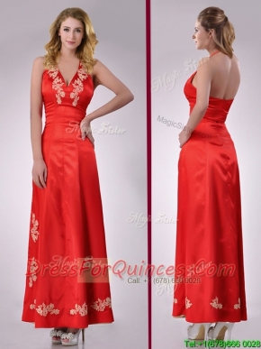 Modest Column Halter Top Backless Red Dama Dress with Appliques
