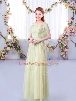 Yellow Green Short Sleeves Lace and Belt Floor Length Damas Dress