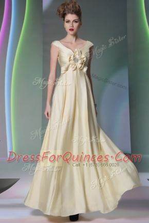 Shining Scoop Floor Length Side Zipper Evening Dress Light Yellow for Prom and Party with Beading and Ruching and Hand Made Flower