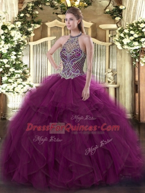 Halter Top Sleeveless Lace Up Ball Gown Prom Dress Fuchsia Organza