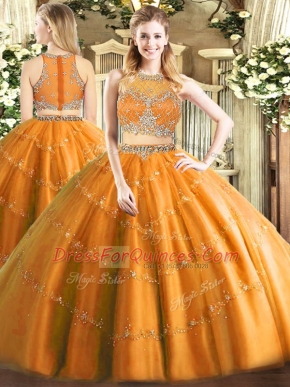Tulle Scoop Sleeveless Zipper Beading Quinceanera Gowns in Orange