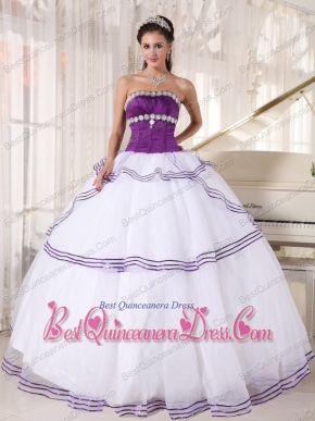 White and Purple Ball Gown Strapless Floor-length Organza Appliques Quinceanera Dress