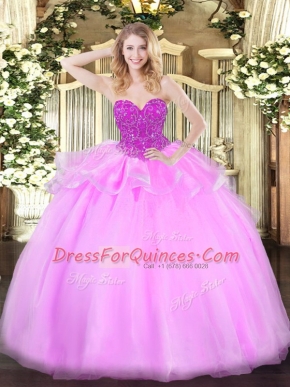 Modest Floor Length Lace Up 15th Birthday Dress Baby Pink for Military Ball and Sweet 16 and Quinceanera with Beading