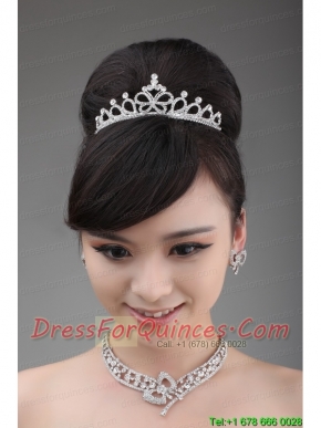 Rhinestone Wedding Jewelry Set Including Necklace  Earrings And Crown With Bowknot