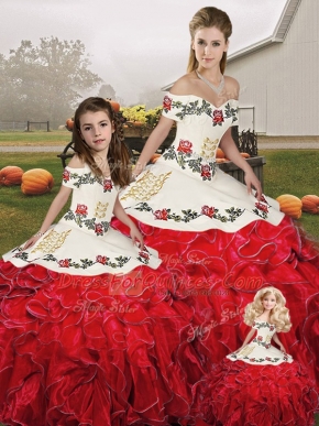White And Red Ball Gown Prom Dress Military Ball and Sweet 16 and Quinceanera with Embroidery and Ruffles Off The Shoulder Sleeveless Lace Up