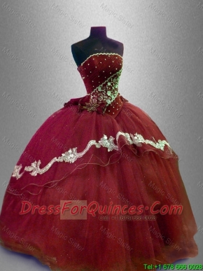 Beautiful Appliques Strapless Quinceanera Gowns with Beading