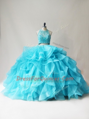 Colorful Halter Top Sleeveless Quinceanera Dresses Floor Length Beading and Ruffles Aqua Blue Organza