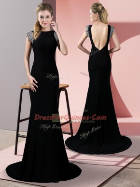 Clearance Short Sleeves Beading Backless Party Dress with Black Brush Train