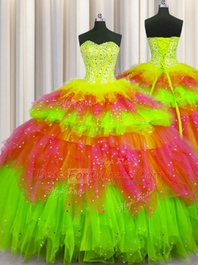 Glorious Bling-bling Visible Boning Multi-color Lace Up 15th Birthday Dress Beading and Ruffles and Ruffled Layers and Sequins Sleeveless Floor Length