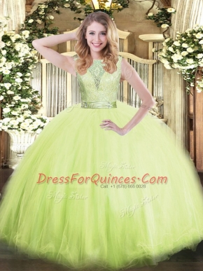 Super Yellow Green Ball Gowns Tulle Scoop Sleeveless Lace Floor Length Backless Quince Ball Gowns
