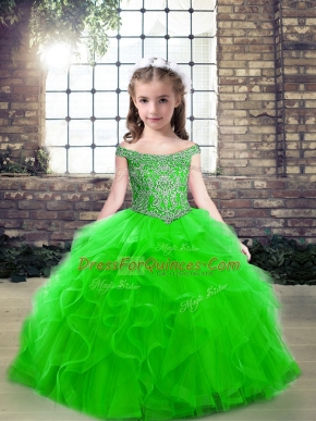 Sleeveless Tulle Floor Length Lace Up Pageant Dress Womens in Green with Beading