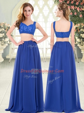 Adorable Royal Blue Chiffon Zipper Straps Sleeveless Floor Length Prom Gown Beading and Lace