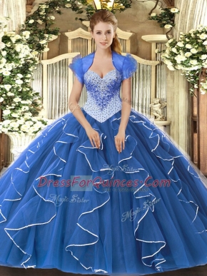 Tulle Sweetheart Cap Sleeves Lace Up Beading 15th Birthday Dress in Blue
