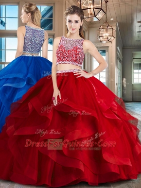Elegant Floor Length Two Pieces Sleeveless Red Sweet 16 Quinceanera Dress Side Zipper