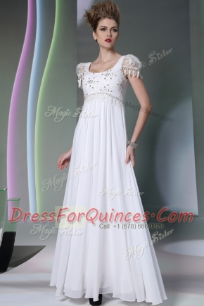 White Scoop Neckline Beading and Lace Prom Evening Gown Sleeveless Zipper