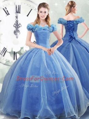 Brush Train Ball Gowns Quinceanera Dresses Light Blue Off The Shoulder Organza Sleeveless Lace Up