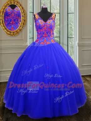 Flirting Royal Blue Tulle Zipper 15th Birthday Dress Sleeveless Floor Length Beading and Sequins