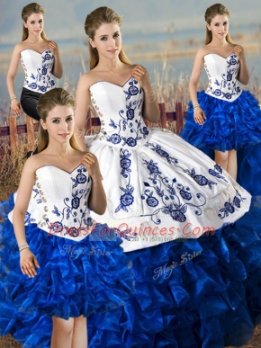 Satin and Organza Sweetheart Sleeveless Lace Up Embroidery and Ruffles 15 Quinceanera Dress in Blue And White