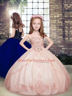 Pink Tulle Lace Up Little Girl Pageant Gowns Sleeveless Floor Length Beading