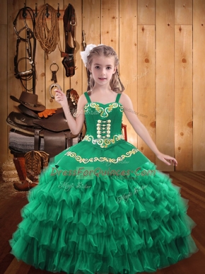 Turquoise Ball Gowns Embroidery and Ruffled Layers Little Girls Pageant Gowns Lace Up Organza Sleeveless Floor Length