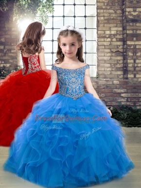 Beading and Ruffles Little Girl Pageant Gowns Blue Lace Up Sleeveless Floor Length