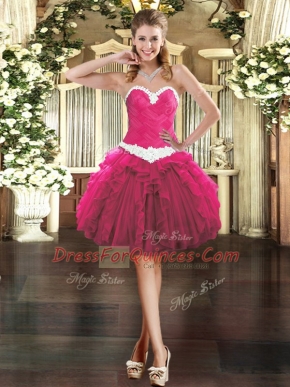 Fabulous Fuchsia Sweetheart Neckline Appliques and Ruffles Prom Dress Sleeveless Lace Up