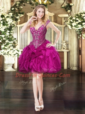 Fuchsia Lace Up Prom Party Dress Beading and Ruffles Sleeveless Mini Length