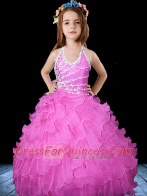 Ball Gown Pink Floor-length Beading Little Gril Pageant Dress